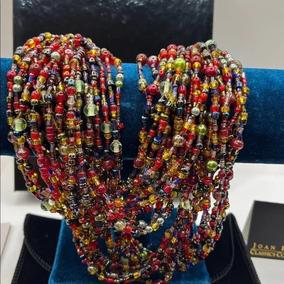 Vintage Joan Rivers Glass Gold Tone Jewel Tone 12 Multistrand Beaded Necklace